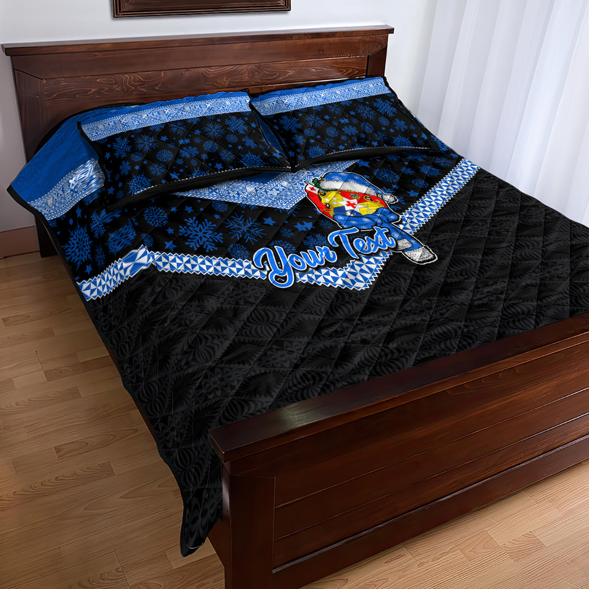 Personalised Tonga Christmas Quilt Bed Set Tongan Coat of Arms Santa With Ngatu Pattern Christmas Blue Style LT03 - Polynesian Pride