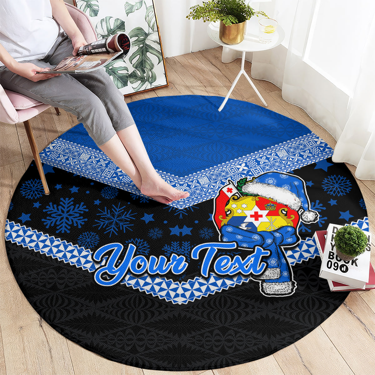 Personalised Tonga Christmas Round Carpet Tongan Coat of Arms Santa With Ngatu Pattern Christmas Blue Style LT03 - Polynesian Pride
