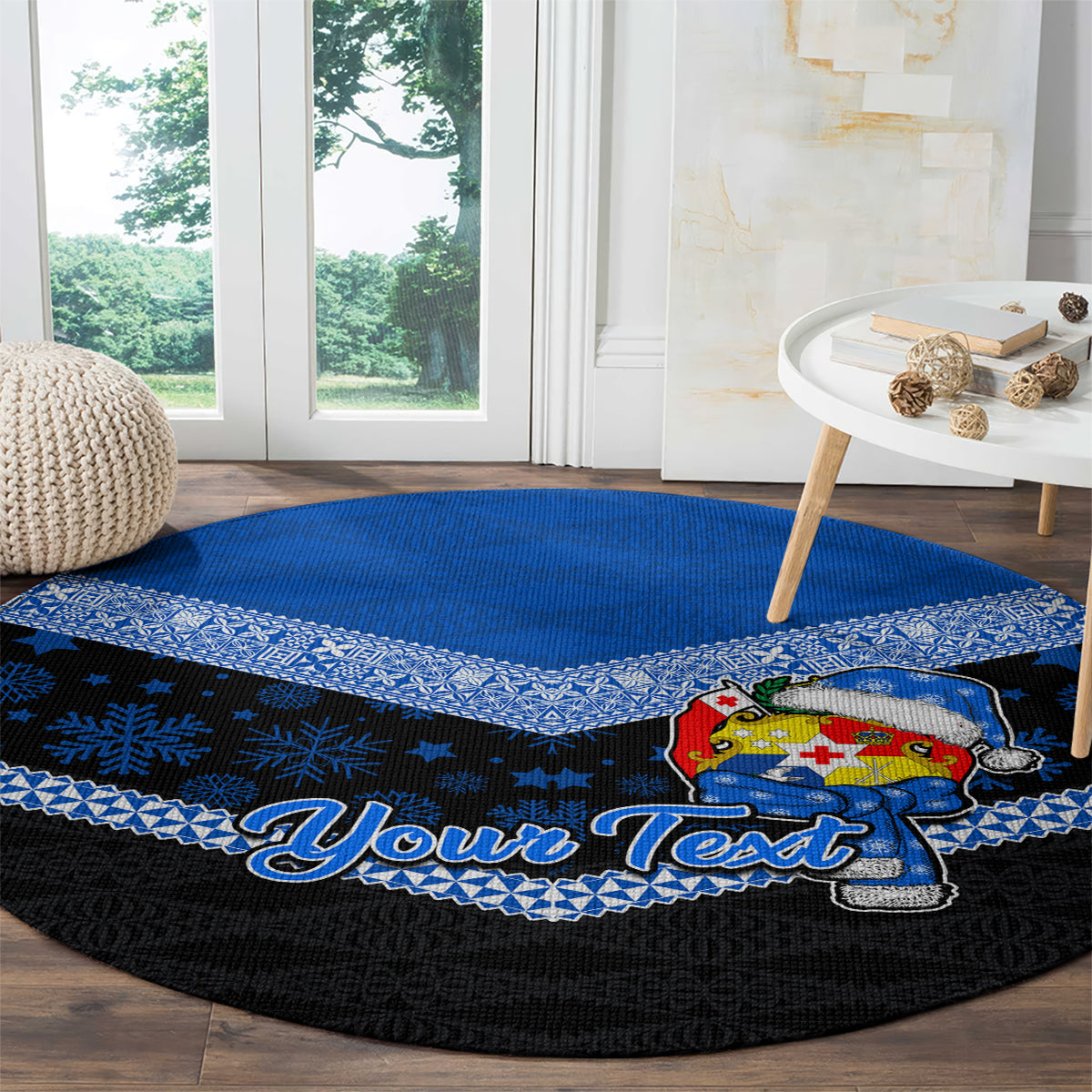 Personalised Tonga Christmas Round Carpet Tongan Coat of Arms Santa With Ngatu Pattern Christmas Blue Style LT03 - Polynesian Pride
