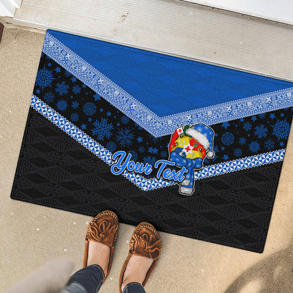 Personalised Tonga Christmas Rubber Doormat Tongan Coat of Arms Santa With Ngatu Pattern Christmas Blue Style LT03 - Polynesian Pride