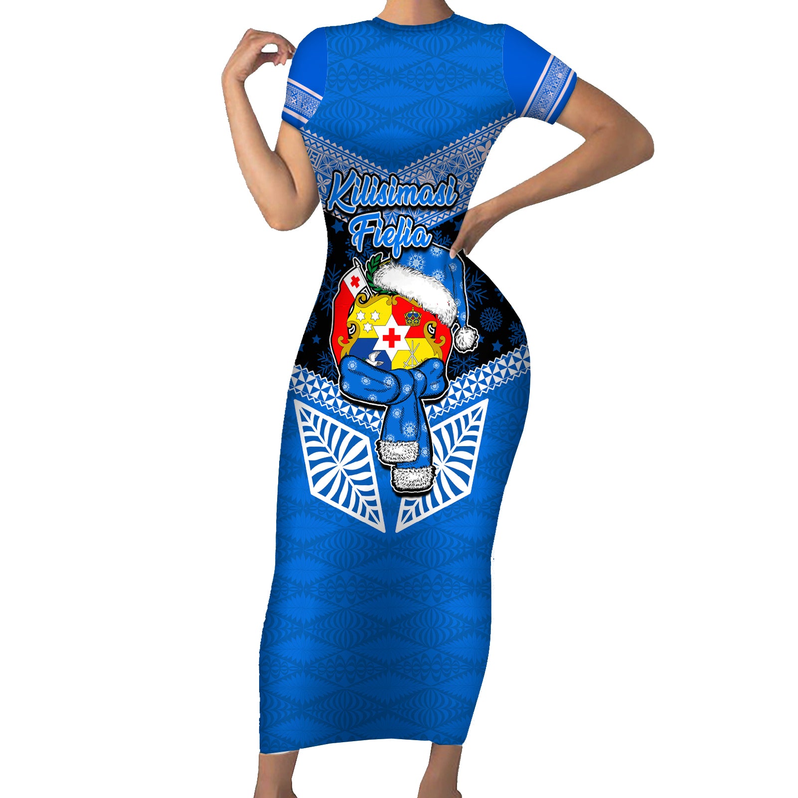 Personalised Tonga Christmas Short Sleeve Bodycon Dress Tongan Coat of Arms Santa With Ngatu Pattern Christmas Blue Style LT03 Long Dress Blue - Polynesian Pride