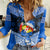 Personalised Tonga Christmas Women Casual Shirt Tongan Coat of Arms Santa With Ngatu Pattern Christmas Blue Style LT03 Female Blue - Polynesian Pride