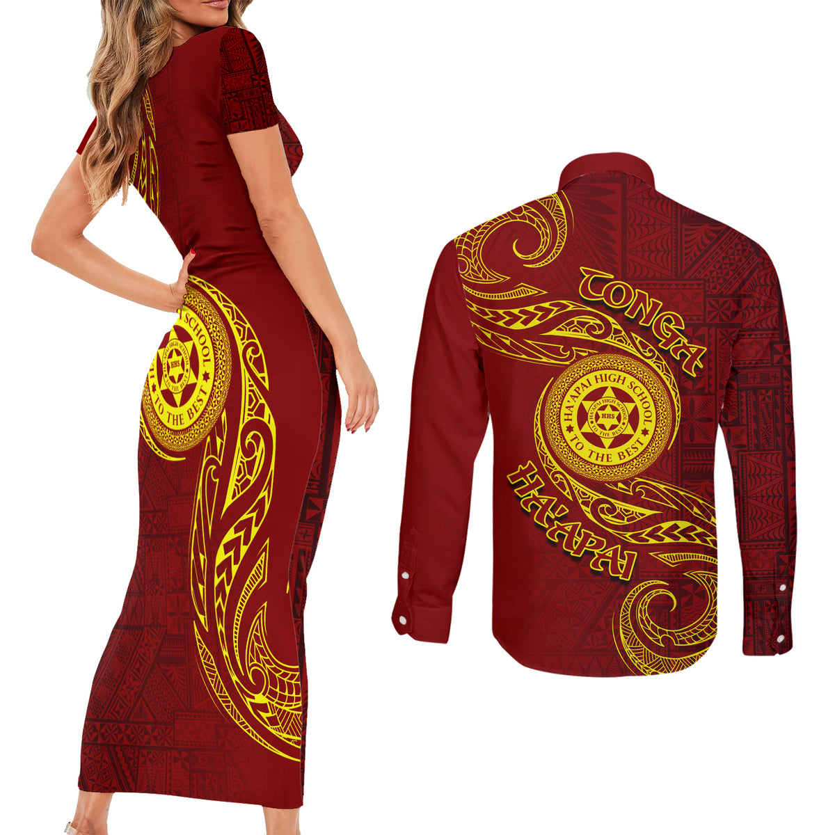 Tonga Ha'apai High School Couples Matching Short Sleeve Bodycon Dress and Long Sleeve Button Shirt Ngatu and Maori Ethnic Tribal Pattern LT03 - Polynesian Pride