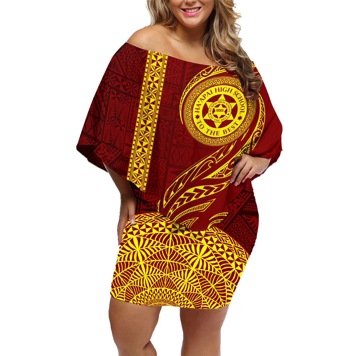 Tonga Ha'apai High School Family Matching Off Shoulder Short Dress and Hawaiian Shirt Ngatu and Maori Ethnic Tribal Pattern LT03 Mom's Dress Red - Polynesian Pride