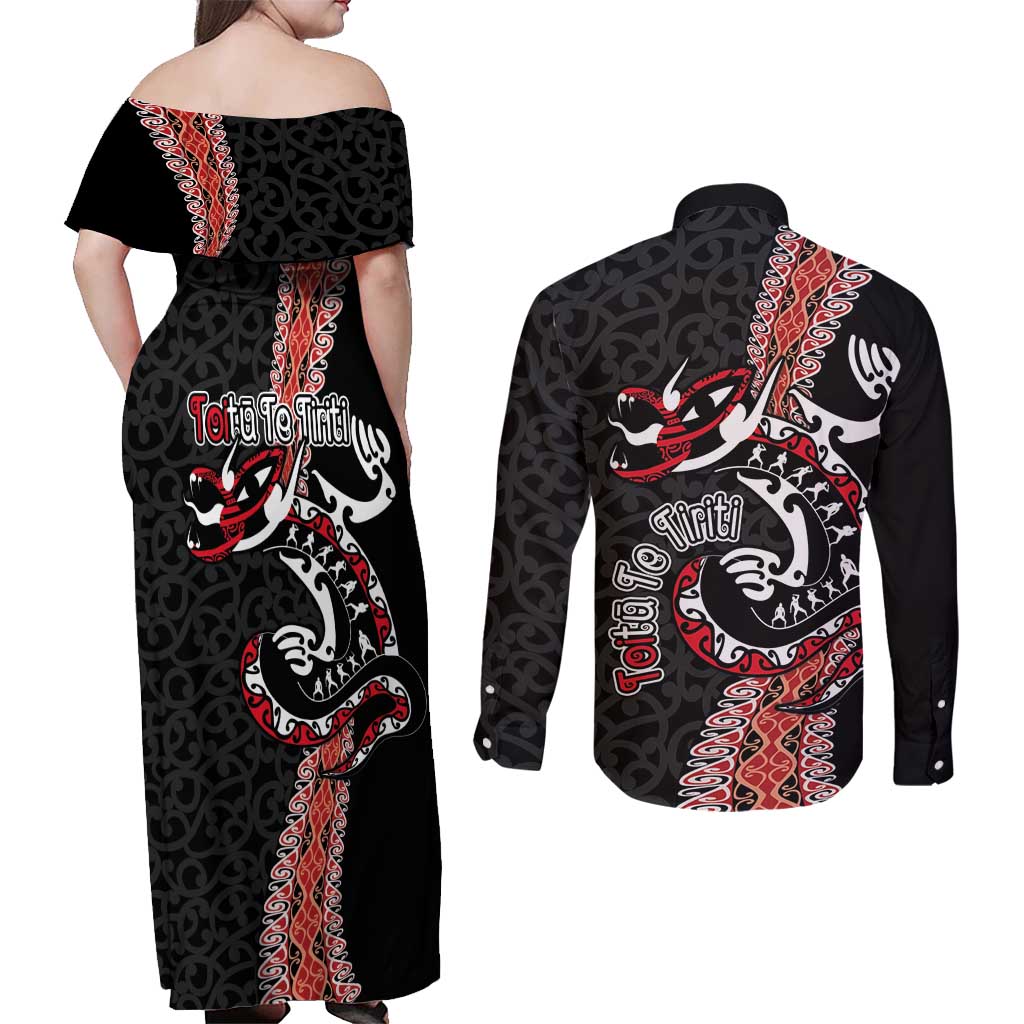 Aotearoa Toitu Te Tiriti Couples Matching Off Shoulder Maxi Dress and Long Sleeve Button Shirt Maori Taniwha Haka - Honour the Treaty LT03