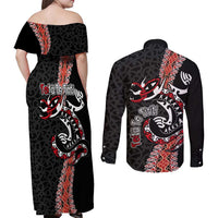 Aotearoa Toitu Te Tiriti Couples Matching Off Shoulder Maxi Dress and Long Sleeve Button Shirt Maori Taniwha Haka - Honour the Treaty LT03