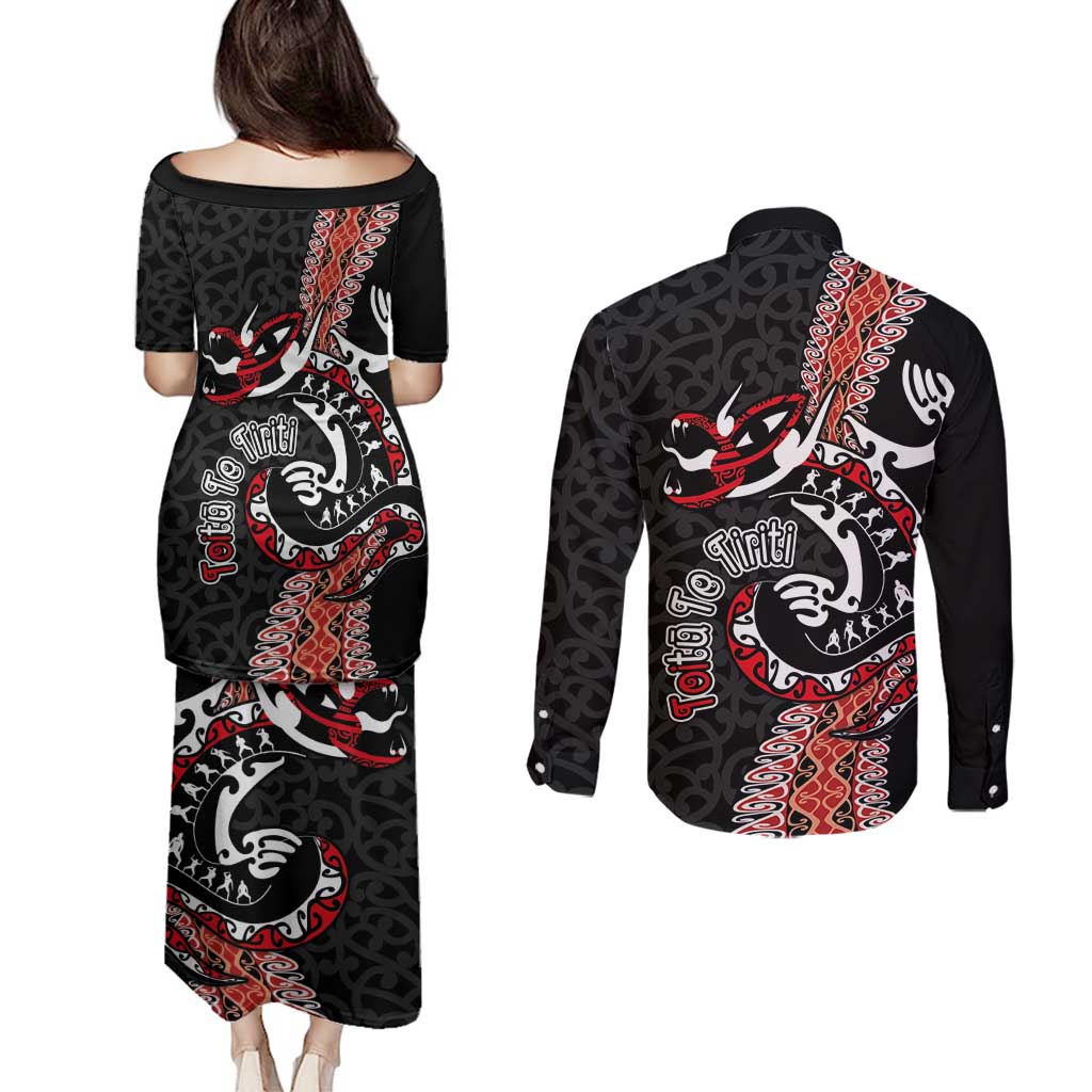 Aotearoa Toitu Te Tiriti Couples Matching Puletasi and Long Sleeve Button Shirt Maori Taniwha Haka - Honour the Treaty LT03