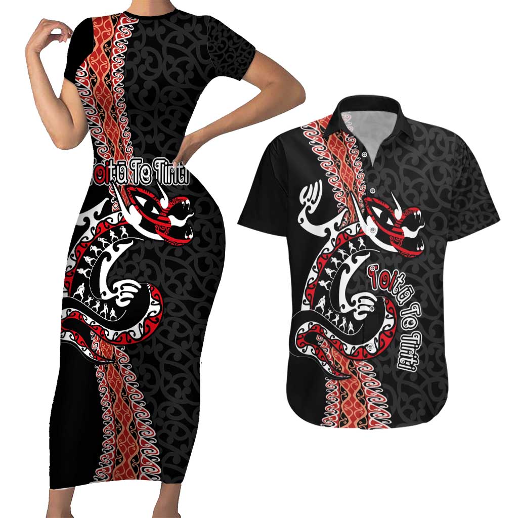 Aotearoa Toitu Te Tiriti Couples Matching Short Sleeve Bodycon Dress and Hawaiian Shirt Maori Taniwha Haka - Honour the Treaty LT03