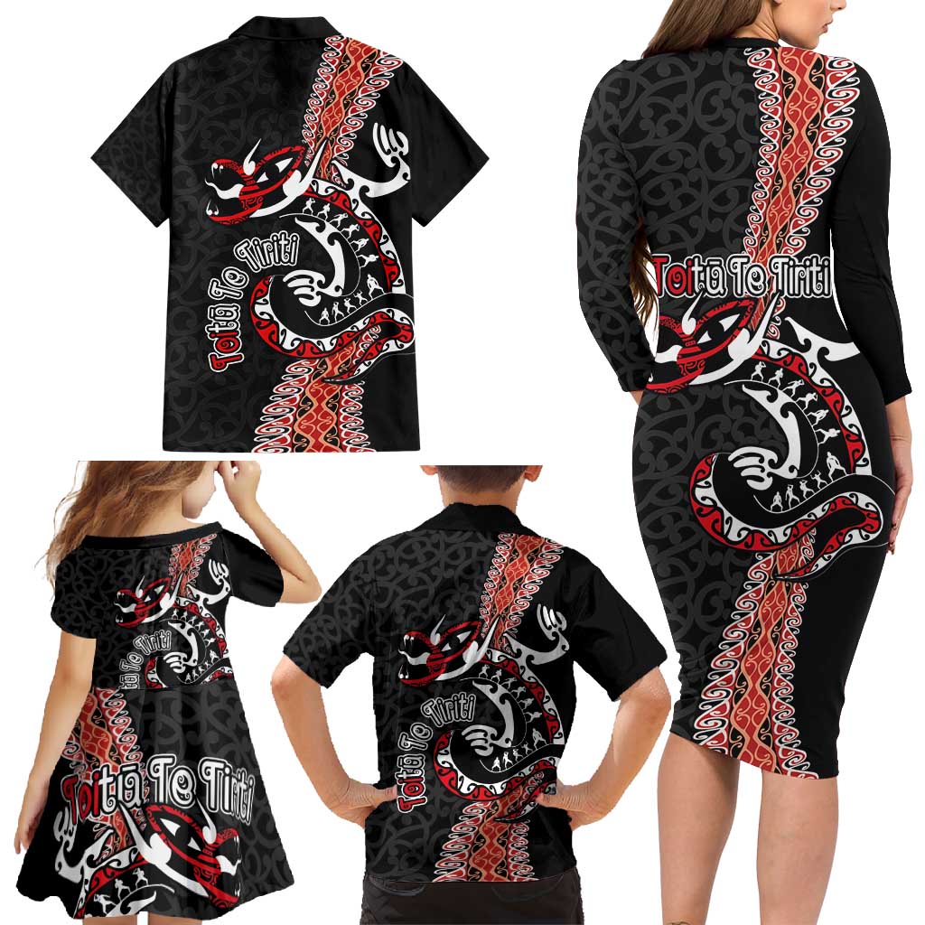 Aotearoa Toitu Te Tiriti Family Matching Long Sleeve Bodycon Dress and Hawaiian Shirt Maori Taniwha Haka - Honour the Treaty LT03