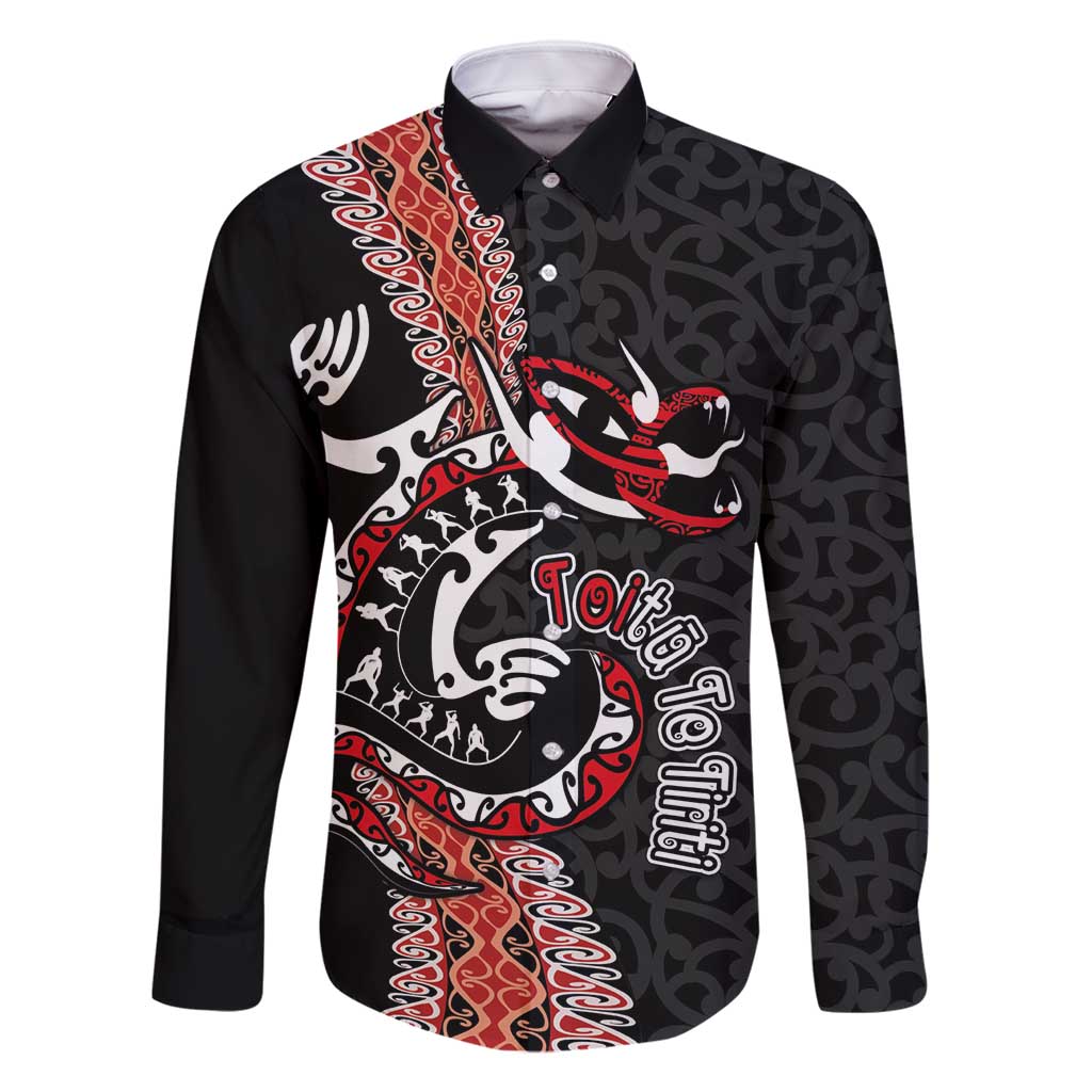 Aotearoa Toitu Te Tiriti Family Matching Summer Maxi Dress and Hawaiian Shirt Maori Taniwha Haka - Honour the Treaty LT03 Dad's Shirt - Long Sleeve Black - Polynesian Pride