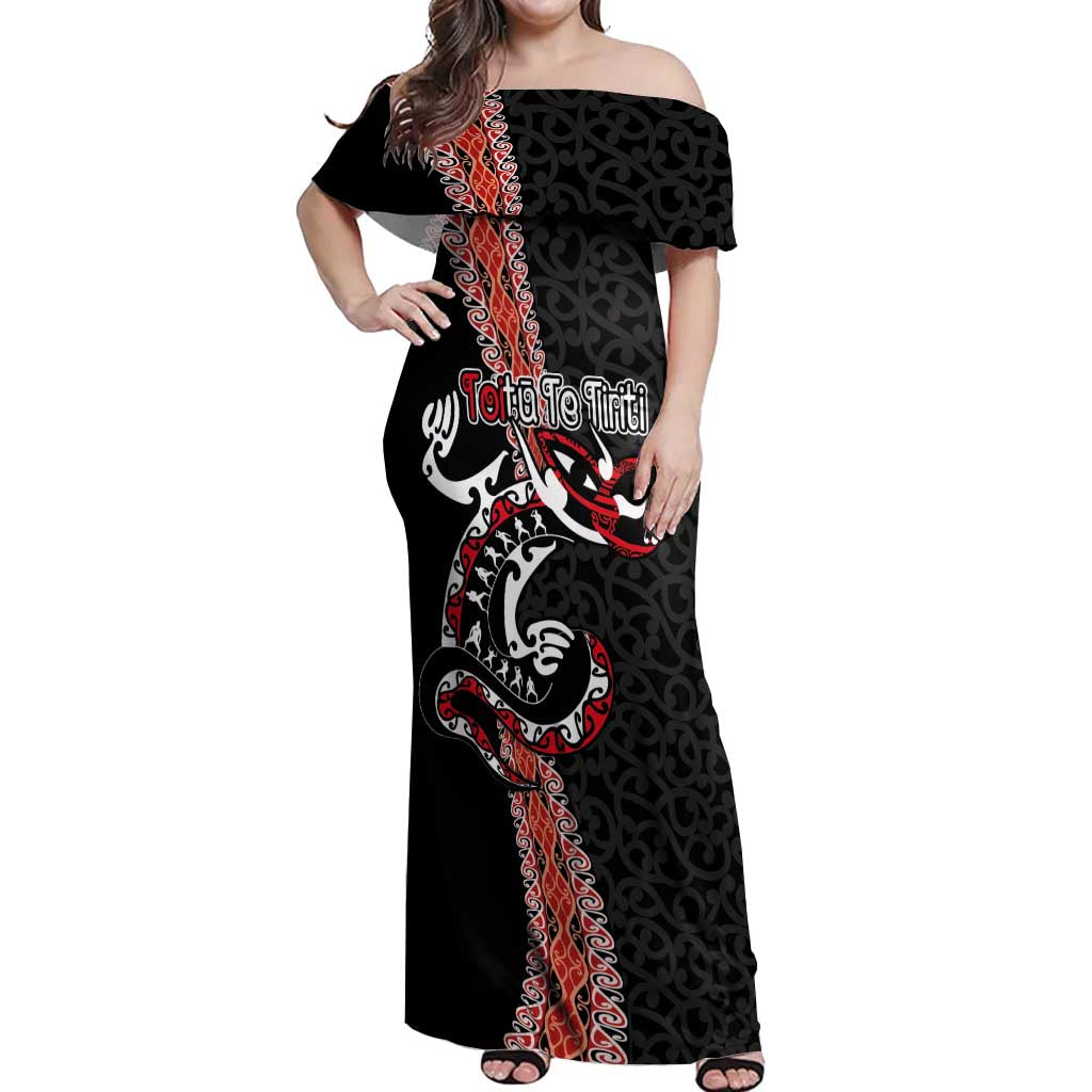 Aotearoa Toitu Te Tiriti Off Shoulder Maxi Dress Maori Taniwha Haka - Honour the Treaty LT03