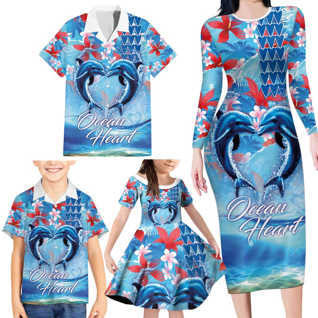 Hawaiian Dolphin Love Couple - Ocean Heart Family Matching Long Sleeve Bodycon Dress and Hawaiian Shirt