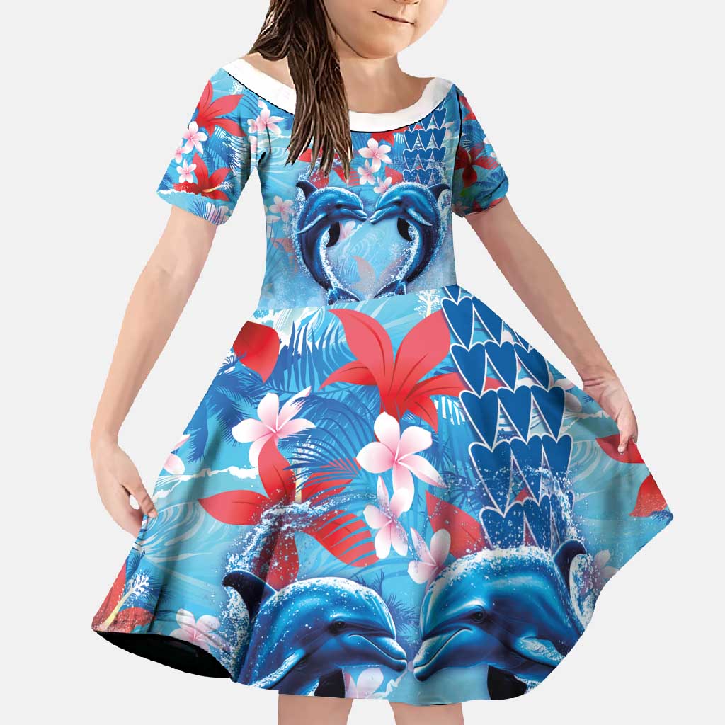 Hawaiian Dolphin Love Couple - Ocean Heart Family Matching Mermaid Dress and Hawaiian Shirt LT03 Daughter's Dress Blue - Polynesian Pride