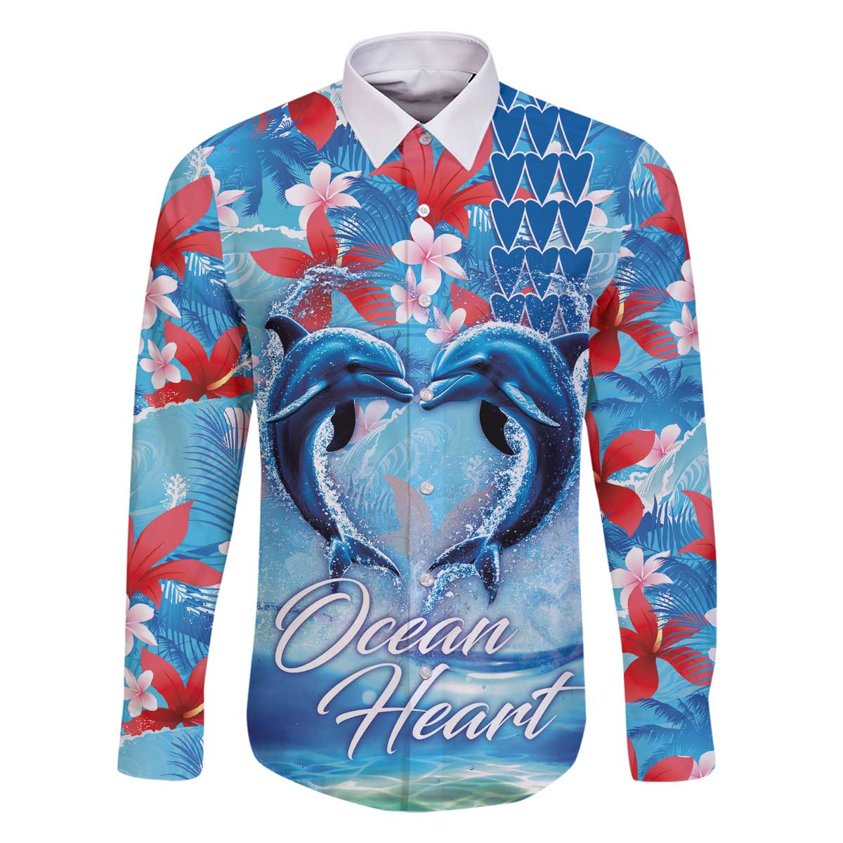 Hawaiian Dolphin Love Couple - Ocean Heart Family Matching Off The Shoulder Long Sleeve Dress and Hawaiian Shirt