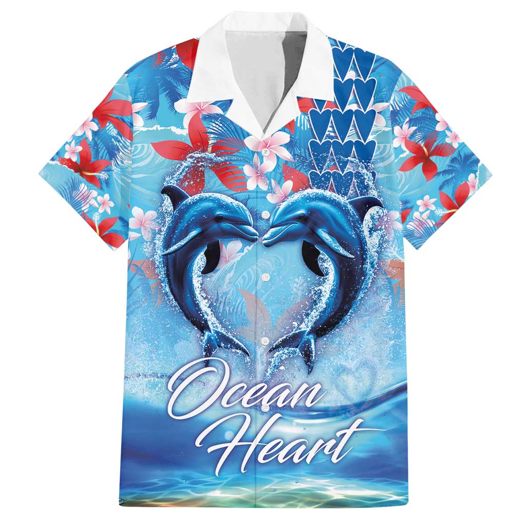 Hawaiian Dolphin Love Couple - Ocean Heart Family Matching Tank Maxi Dress and Hawaiian Shirt LT03 Dad's Shirt - Short Sleeve Blue - Polynesian Pride