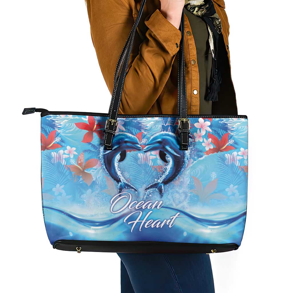 Hawaiian Dolphin Love Couple - Ocean Heart Leather Tote Bag