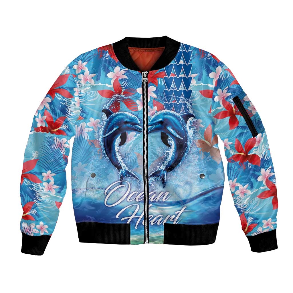 Hawaiian Dolphin Love Couple - Ocean Heart Sleeve Zip Bomber Jacket LT03 Unisex Blue - Polynesian Pride