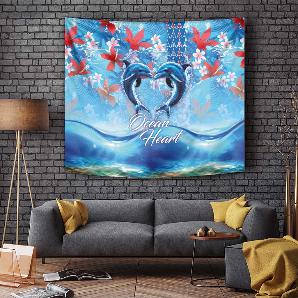 Hawaiian Dolphin Love Couple - Ocean Heart Tapestry LT03 Blue - Polynesian Pride