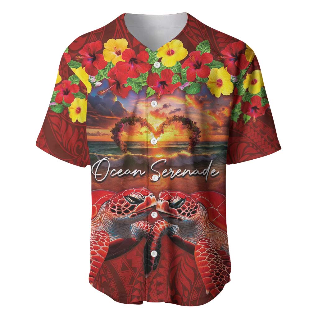 Hawaiian Turtle Love Couple Baseball Jersey Ocean Serenade - Honu Honi Ihu with Hibiscus and Romantic Sunset Red Color