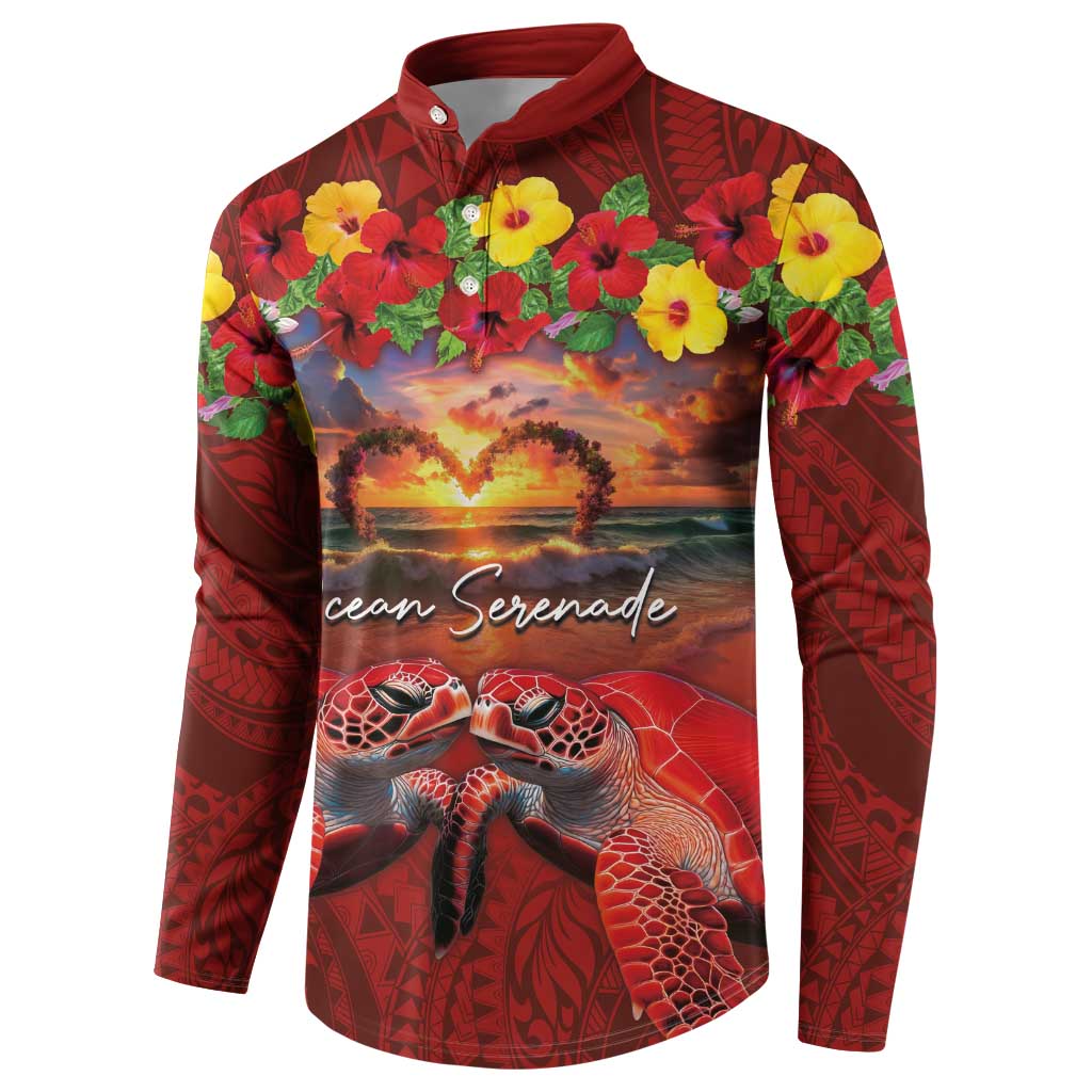 Hawaiian Turtle Love Couple Button Sweatshirt Ocean Serenade - Honu Honi Ihu with Hibiscus and Romantic Sunset Red Color
