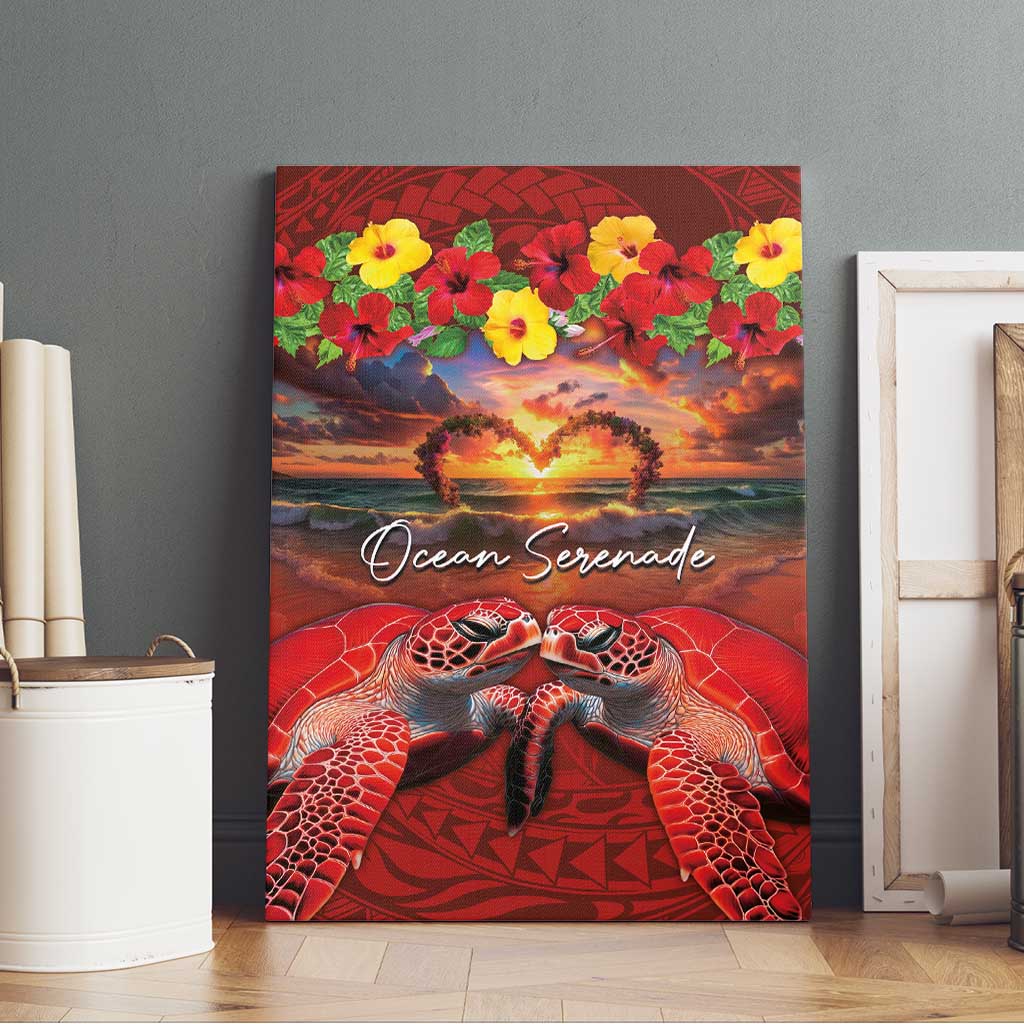 Hawaiian Turtle Love Couple Canvas Wall Art Ocean Serenade - Honu Honi Ihu with Hibiscus and Romantic Sunset Red Color LT03 - Polynesian Pride