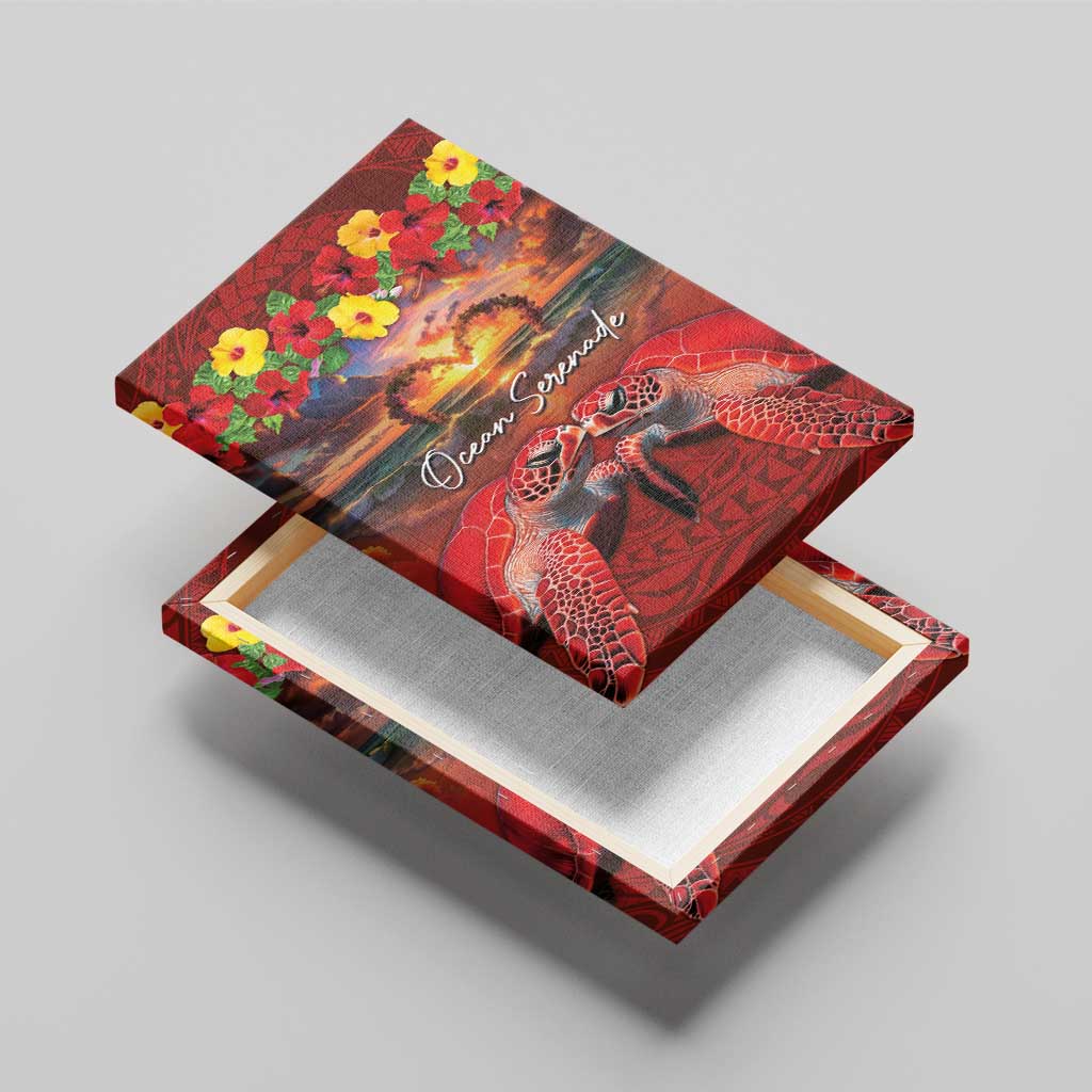 Hawaiian Turtle Love Couple Canvas Wall Art Ocean Serenade - Honu Honi Ihu with Hibiscus and Romantic Sunset Red Color LT03 - Polynesian Pride