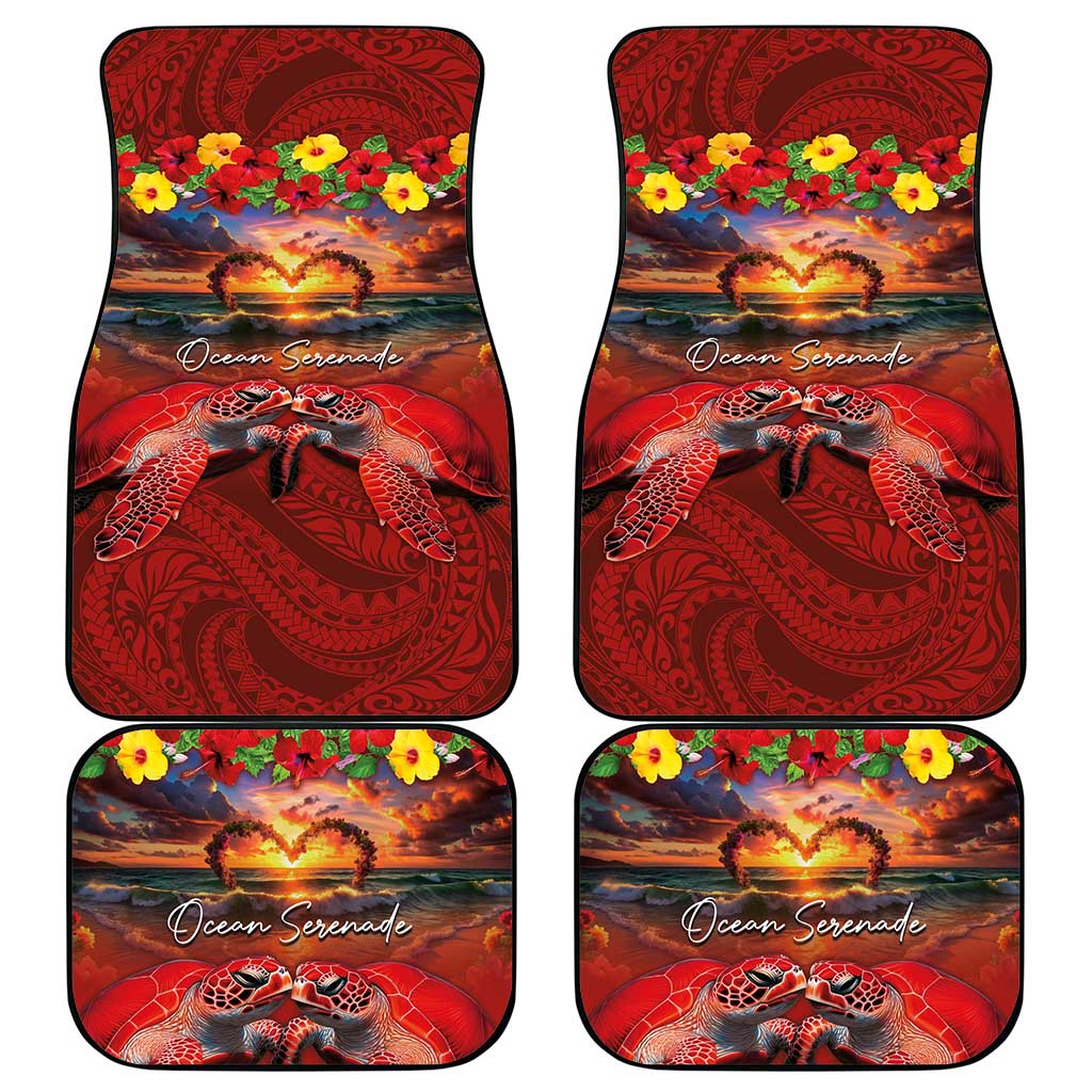 Hawaiian Turtle Love Couple Car Mats Ocean Serenade - Honu Honi Ihu with Hibiscus and Romantic Sunset Red Color