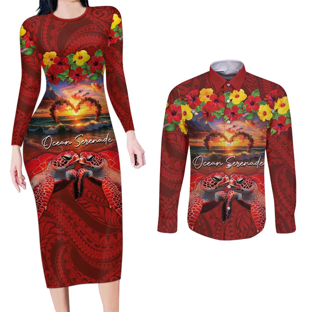 Hawaiian Turtle Love Couple Couples Matching Long Sleeve Bodycon Dress and Long Sleeve Button Shirt Ocean Serenade - Honu Honi Ihu with Hibiscus and Romantic Sunset Red Color LT03 Red - Polynesian Pride