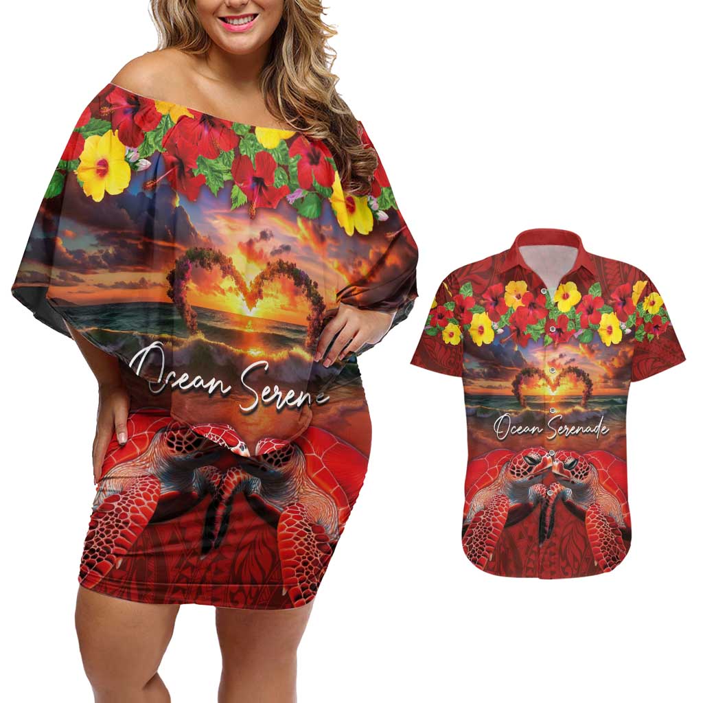 Hawaiian Turtle Love Couple Couples Matching Off Shoulder Short Dress and Hawaiian Shirt Ocean Serenade - Honu Honi Ihu with Hibiscus and Romantic Sunset Red Color LT03 Red - Polynesian Pride