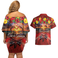Hawaiian Turtle Love Couple Couples Matching Off Shoulder Short Dress and Hawaiian Shirt Ocean Serenade - Honu Honi Ihu with Hibiscus and Romantic Sunset Red Color LT03 - Polynesian Pride