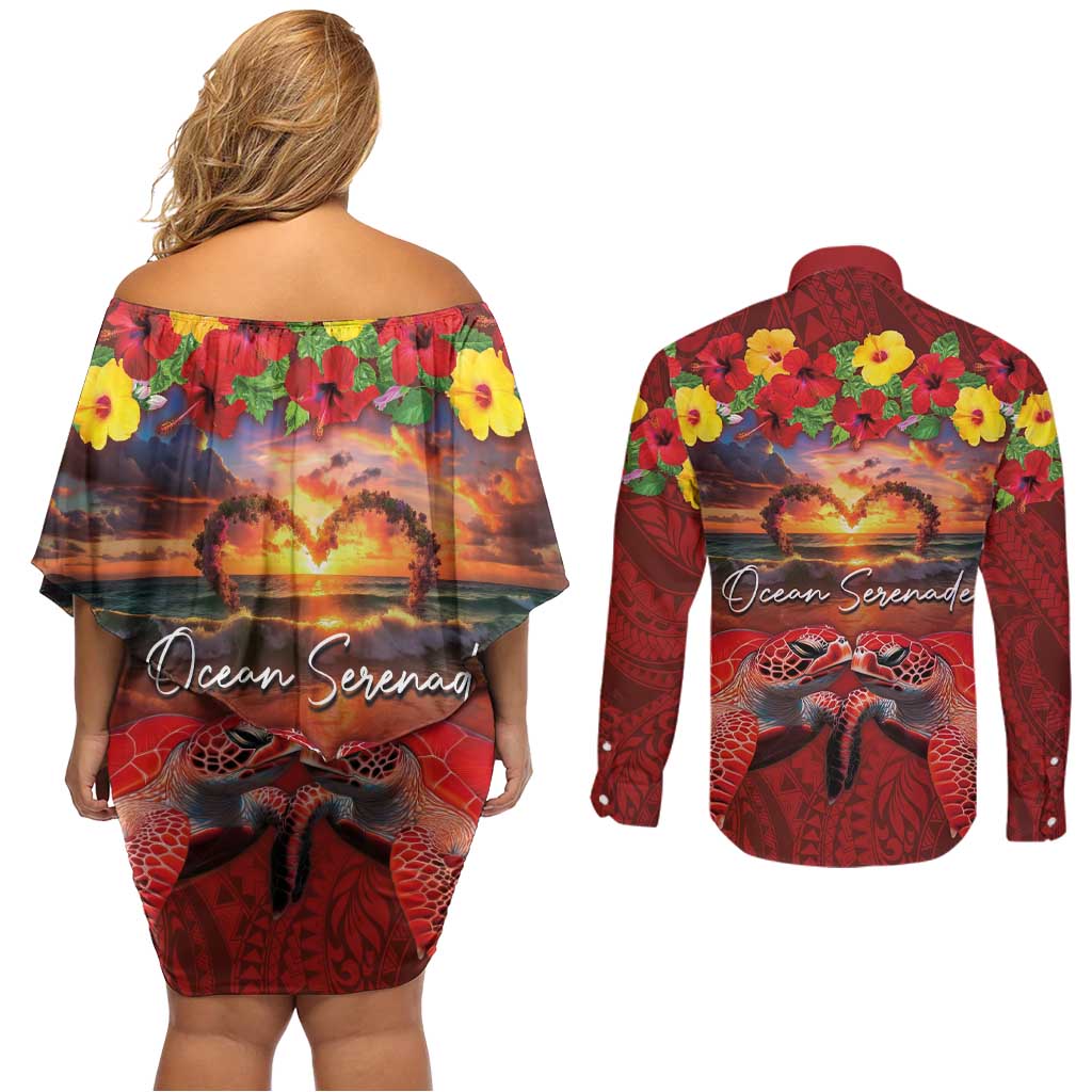 Hawaiian Turtle Love Couple Couples Matching Off Shoulder Short Dress and Long Sleeve Button Shirt Ocean Serenade - Honu Honi Ihu with Hibiscus and Romantic Sunset Red Color LT03 - Polynesian Pride