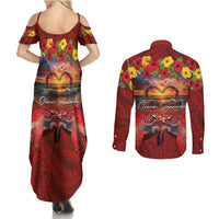 Hawaiian Turtle Love Couple Couples Matching Summer Maxi Dress and Long Sleeve Button Shirt Ocean Serenade - Honu Honi Ihu with Hibiscus and Romantic Sunset Red Color LT03 - Polynesian Pride