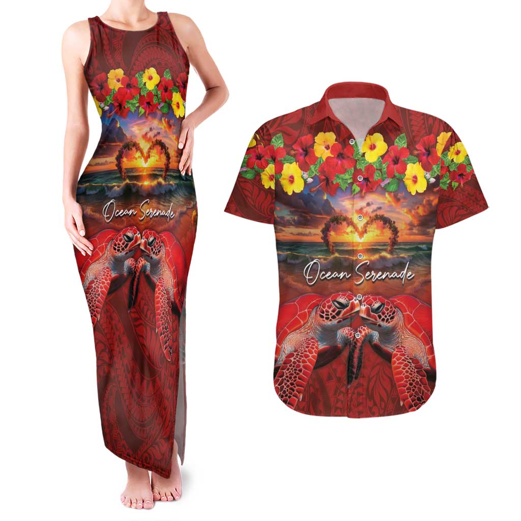 Hawaiian Turtle Love Couple Couples Matching Tank Maxi Dress and Hawaiian Shirt Ocean Serenade - Honu Honi Ihu with Hibiscus and Romantic Sunset Red Color LT03 Red - Polynesian Pride