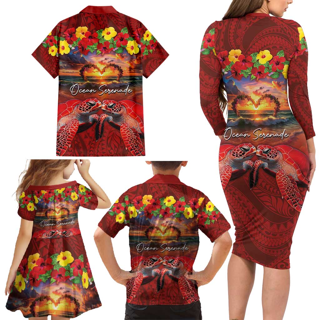 Hawaiian Turtle Love Couple Family Matching Long Sleeve Bodycon Dress and Hawaiian Shirt Ocean Serenade - Honu Honi Ihu with Hibiscus and Romantic Sunset Red Color
