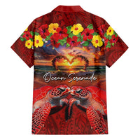 Hawaiian Turtle Love Couple Family Matching Long Sleeve Bodycon Dress and Hawaiian Shirt Ocean Serenade - Honu Honi Ihu with Hibiscus and Romantic Sunset Red Color
