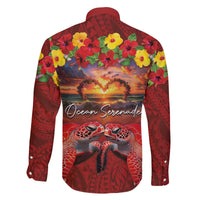 Hawaiian Turtle Love Couple Family Matching Off The Shoulder Long Sleeve Dress and Hawaiian Shirt Ocean Serenade - Honu Honi Ihu with Hibiscus and Romantic Sunset Red Color