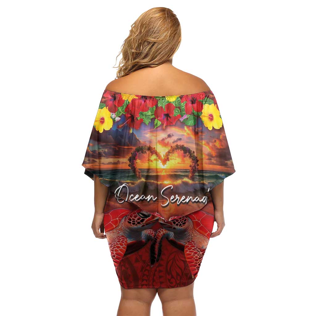 Hawaiian Turtle Love Couple Family Matching Off Shoulder Short Dress and Hawaiian Shirt Ocean Serenade - Honu Honi Ihu with Hibiscus and Romantic Sunset Red Color LT03 - Polynesian Pride