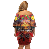 Hawaiian Turtle Love Couple Family Matching Off Shoulder Short Dress and Hawaiian Shirt Ocean Serenade - Honu Honi Ihu with Hibiscus and Romantic Sunset Red Color LT03 - Polynesian Pride