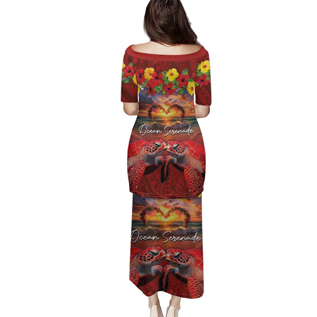 Hawaiian Turtle Love Couple Family Matching Puletasi and Hawaiian Shirt Ocean Serenade - Honu Honi Ihu with Hibiscus and Romantic Sunset Red Color