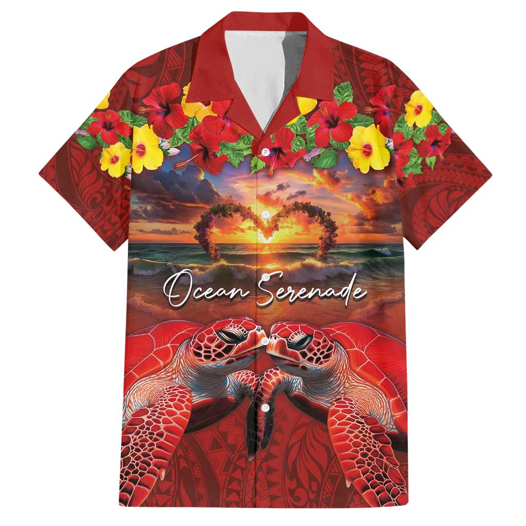 Hawaiian Turtle Love Couple Family Matching Short Sleeve Bodycon Dress and Hawaiian Shirt Ocean Serenade - Honu Honi Ihu with Hibiscus and Romantic Sunset Red Color