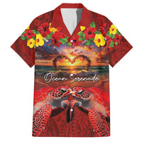 Hawaiian Turtle Love Couple Family Matching Short Sleeve Bodycon Dress and Hawaiian Shirt Ocean Serenade - Honu Honi Ihu with Hibiscus and Romantic Sunset Red Color
