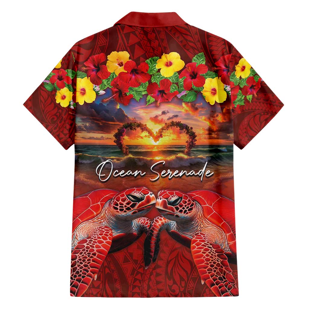 Hawaiian Turtle Love Couple Family Matching Summer Maxi Dress and Hawaiian Shirt Ocean Serenade - Honu Honi Ihu with Hibiscus and Romantic Sunset Red Color LT03 - Polynesian Pride