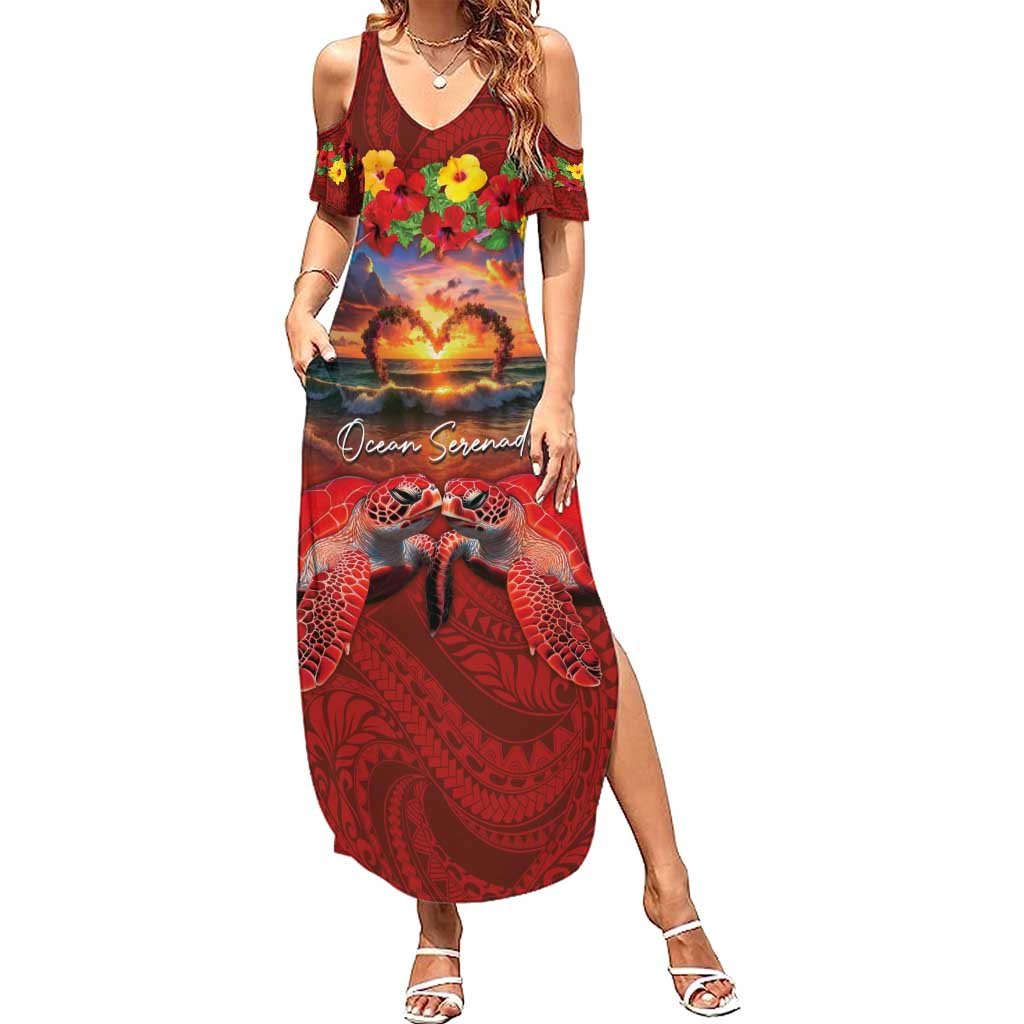 Hawaiian Turtle Love Couple Family Matching Summer Maxi Dress and Hawaiian Shirt Ocean Serenade - Honu Honi Ihu with Hibiscus and Romantic Sunset Red Color LT03 Mom's Dress Red - Polynesian Pride