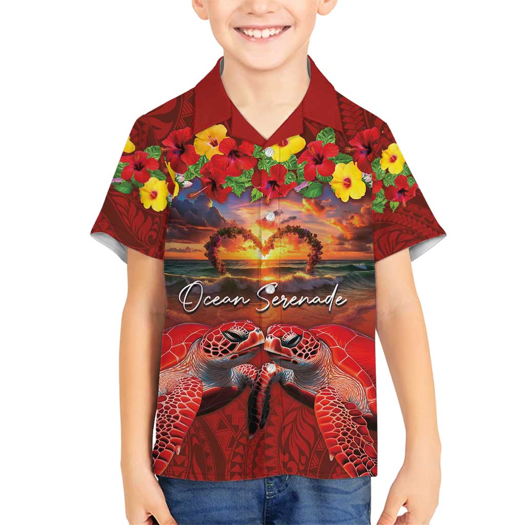 Hawaiian Turtle Love Couple Family Matching Summer Maxi Dress and Hawaiian Shirt Ocean Serenade - Honu Honi Ihu with Hibiscus and Romantic Sunset Red Color LT03 Son's Shirt Red - Polynesian Pride