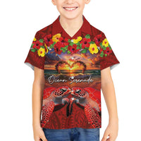 Hawaiian Turtle Love Couple Family Matching Summer Maxi Dress and Hawaiian Shirt Ocean Serenade - Honu Honi Ihu with Hibiscus and Romantic Sunset Red Color LT03 Son's Shirt Red - Polynesian Pride