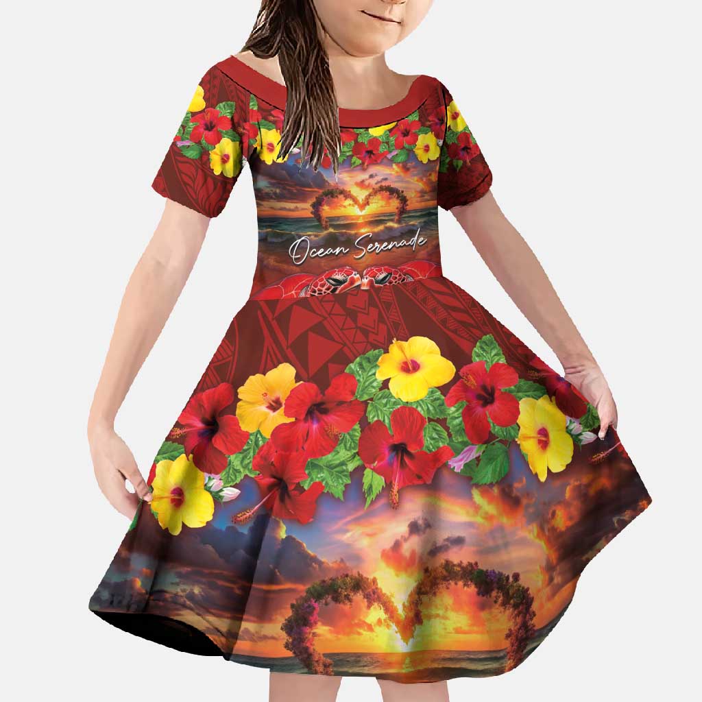 Hawaiian Turtle Love Couple Family Matching Tank Maxi Dress and Hawaiian Shirt Ocean Serenade - Honu Honi Ihu with Hibiscus and Romantic Sunset Red Color LT03 Daughter's Dress Red - Polynesian Pride