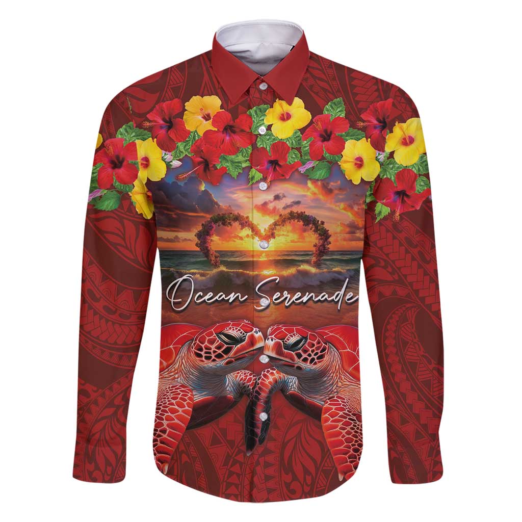 Hawaiian Turtle Love Couple Family Matching Tank Maxi Dress and Hawaiian Shirt Ocean Serenade - Honu Honi Ihu with Hibiscus and Romantic Sunset Red Color LT03 Dad's Shirt - Long Sleeve Red - Polynesian Pride