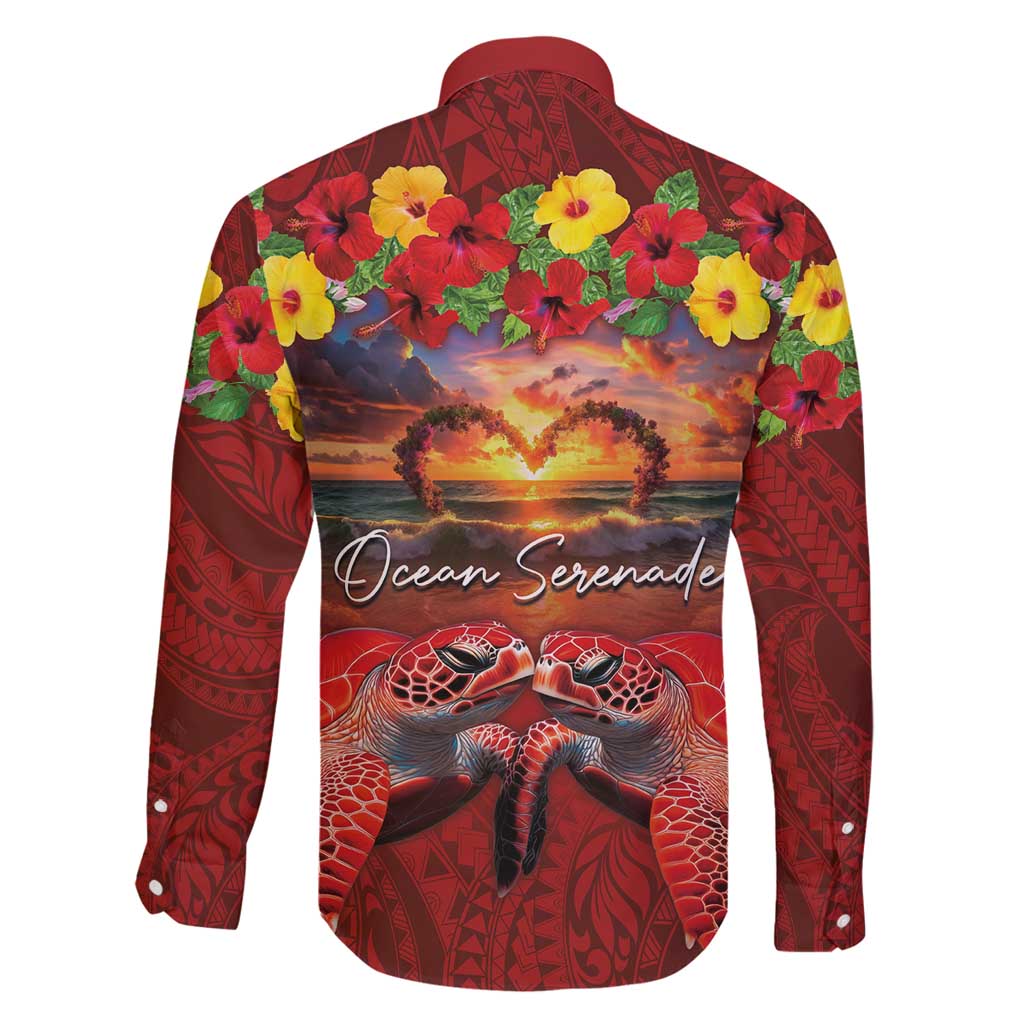 Hawaiian Turtle Love Couple Family Matching Tank Maxi Dress and Hawaiian Shirt Ocean Serenade - Honu Honi Ihu with Hibiscus and Romantic Sunset Red Color LT03 - Polynesian Pride
