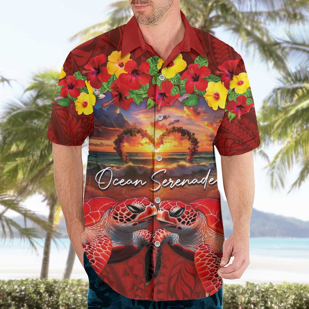 Hawaiian Turtle Love Couple Hawaiian Shirt Ocean Serenade - Honu Honi Ihu with Hibiscus and Romantic Sunset Red Color