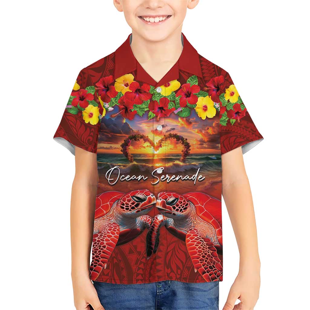 Hawaiian Turtle Love Couple Hawaiian Shirt Ocean Serenade - Honu Honi Ihu with Hibiscus and Romantic Sunset Red Color